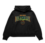 Load image into Gallery viewer, A black hoodie featuring the word WORLDWIDE in orange, DREAMWORK in teal, and Happiness in green script across the chest, alongside a globe graphic. This clothing piece has a relaxed fit and is designed for comfort.

